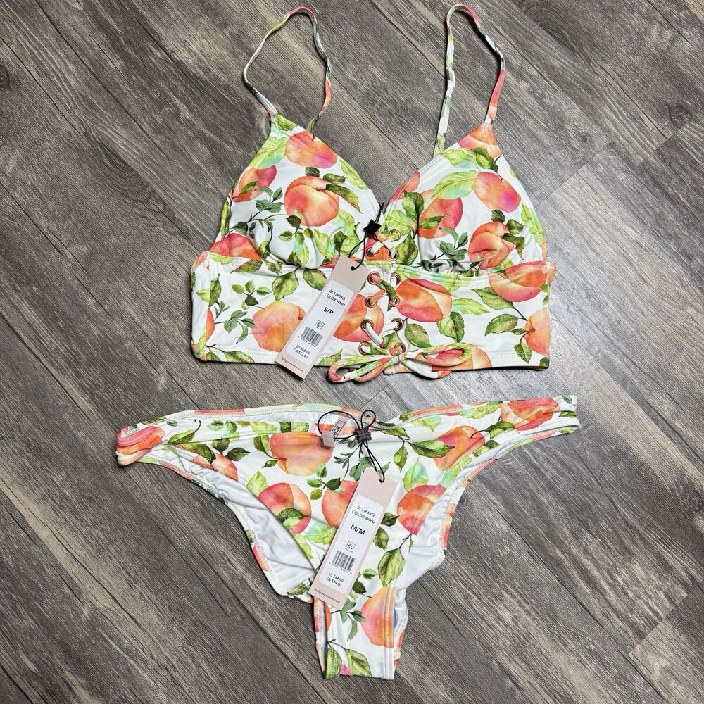 BCBGeneration Peach Print Lace Up Bikini Set Womens S Top M Bottom NWT Swim